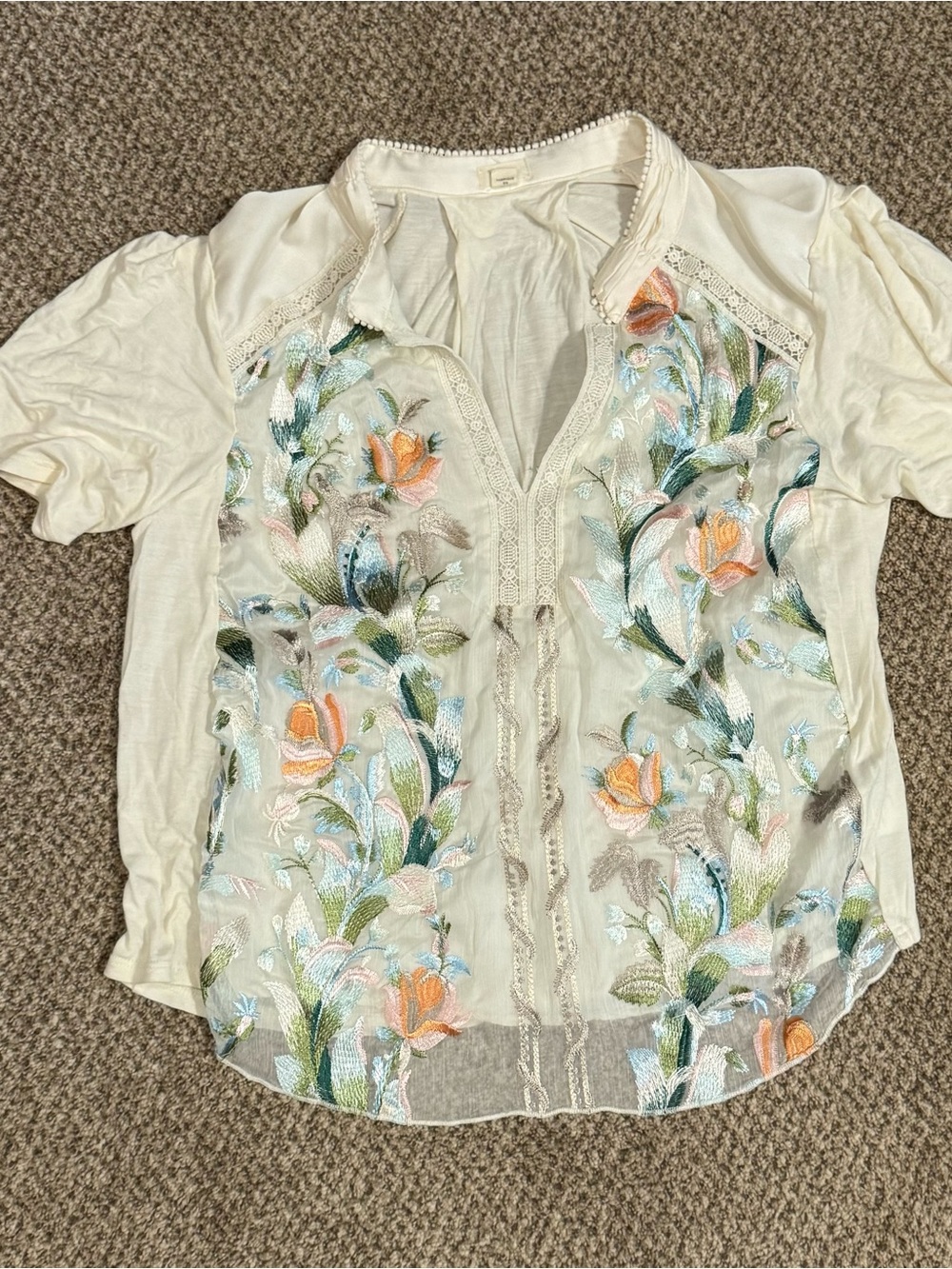 Tiny x Anthropology Embroidered Cream Floral Boho Blouse M